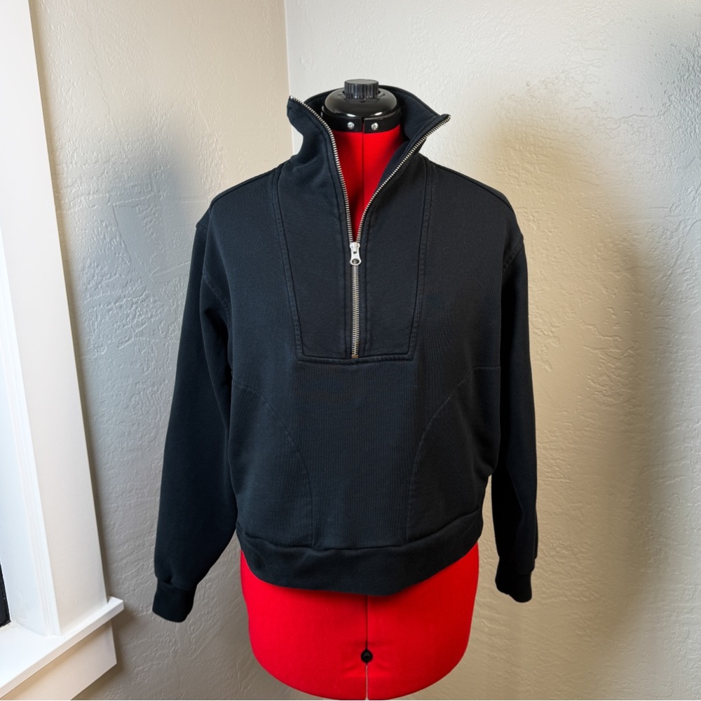 Everlane ReTrack Black Cropped Half Zip Fleece Sweatshirt Organic Cotton Size XS